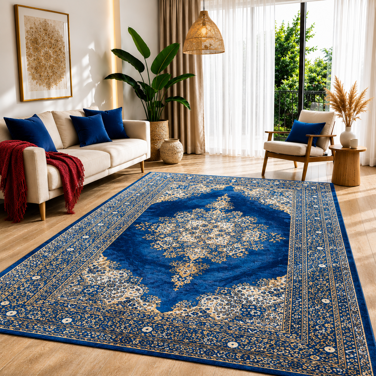فرش ماشینی طرح هریس آبی کف ساده کد ۰137، ۱0۰۰ شانه تراکم 1200