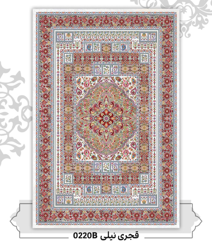 فرش ماشینی طرح قجری نیلی کد (0220B)، ۱0۰۰ شانه تراکم 1200
