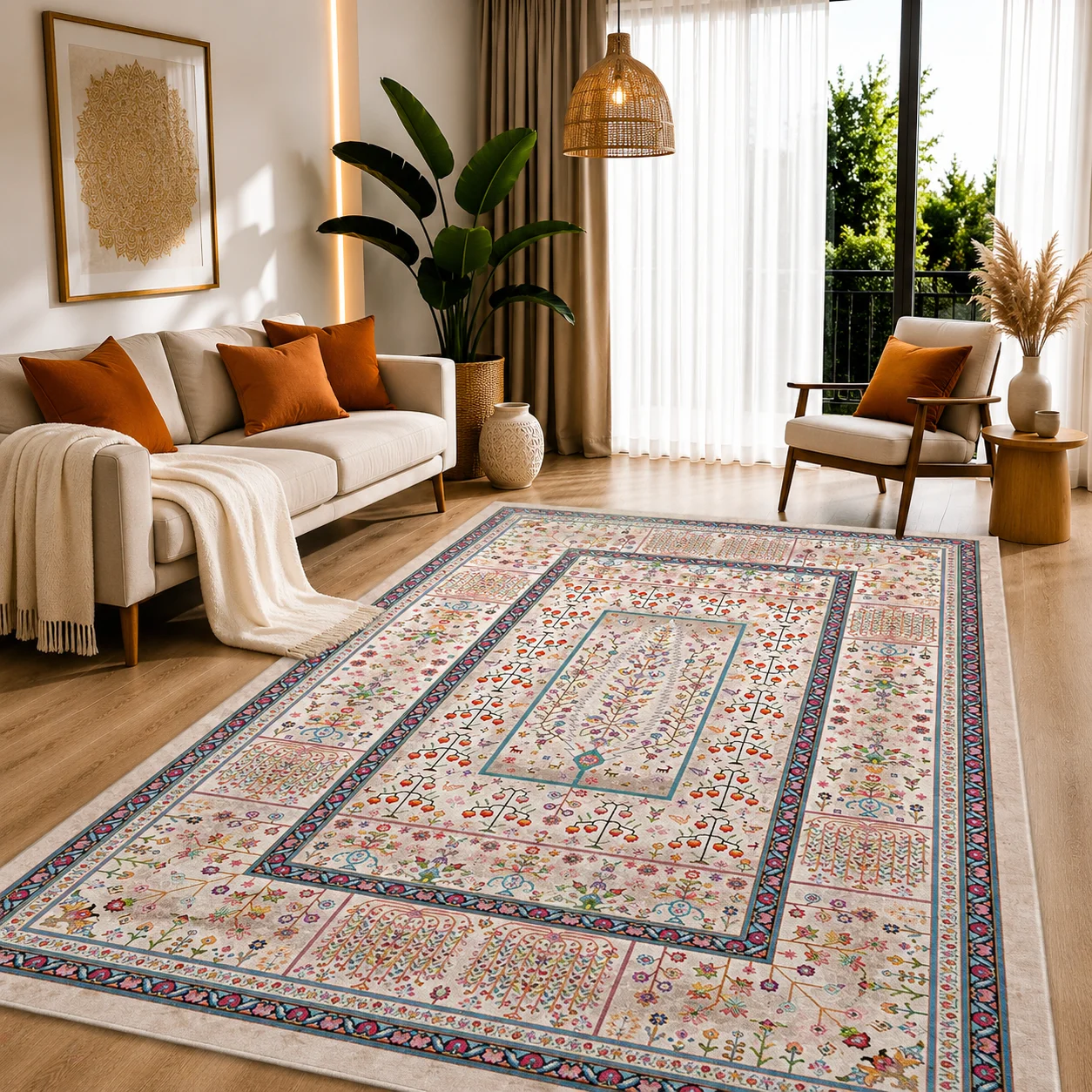 فرش ماشینی طرح درخت زندگی کرم کد (0223C)، ۱0۰۰ شانه تراکم 1200