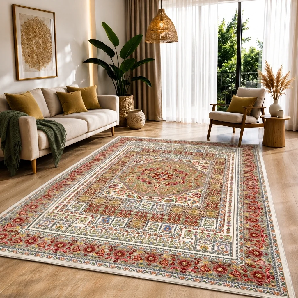 فرش ماشینی طرح قجری نیلی کد (0220B)، ۱0۰۰ شانه تراکم 1200