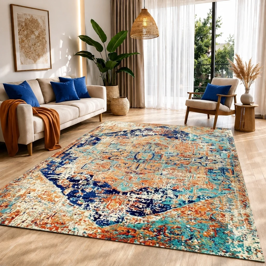 فرش ماشینی طرح وینتیج کرم سرمه‌ای کد ۰209، ۱0۰۰ شانه تراکم 1200