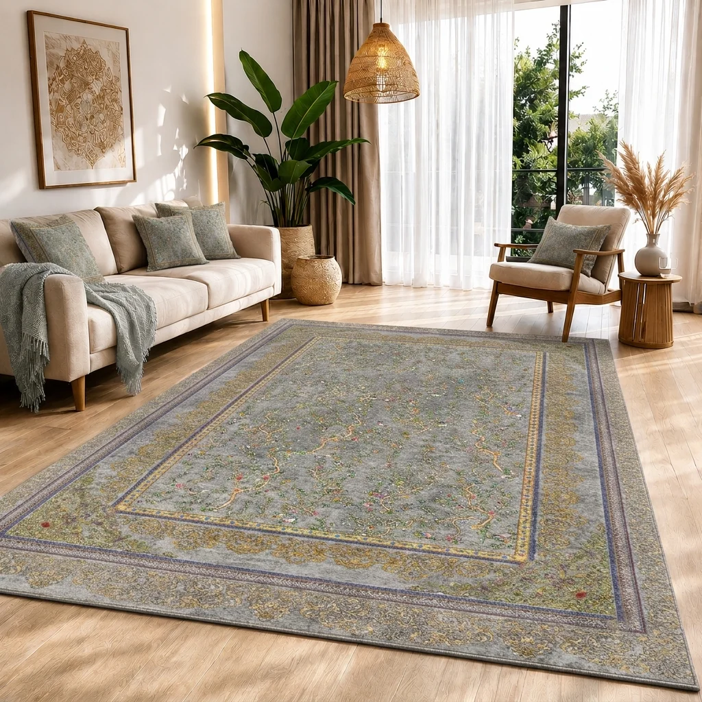 فرش ماشینی طرح گل مرغی طوسی روشن کد (0222E) ، ۱0۰۰ شانه تراکم 1200